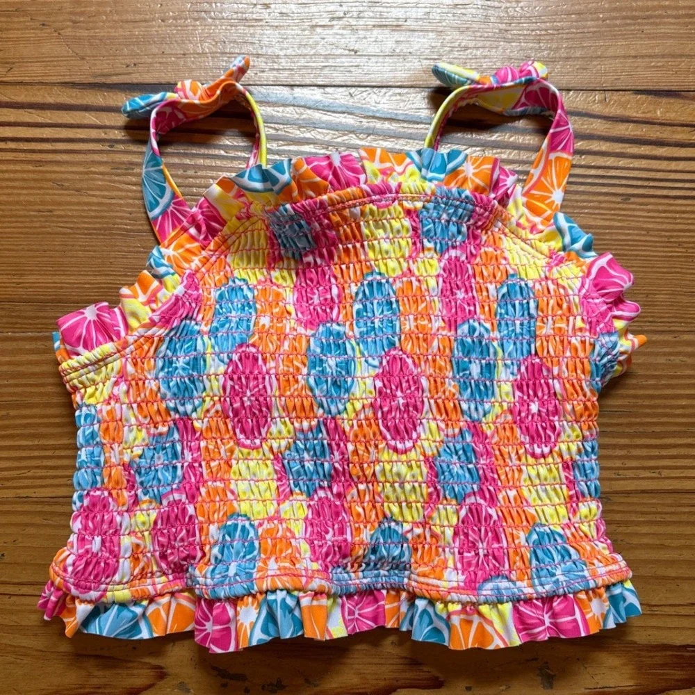 Betsey Johnson Swimsuit Kids‎ Pink Citrus Fruit Smocked Ruffle Bikini SIZE 14 - Picture 3 of 7